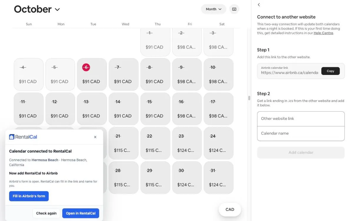 Airbnb's Connect to another website screen, with the RentalCal box in the bottom-left corner offering to fill in Airbnb's form