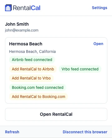 The RentalCal toolbar popup listing a property with a feed-connected tag and an Add RentalCal tag for each of Airbnb, Vrbo and Booking.com