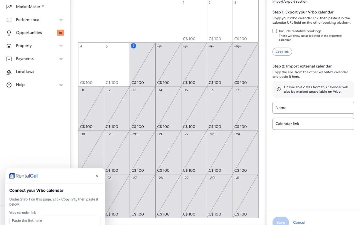 Vrbo's Connect calendars panel with Copy link under Step 1, and the RentalCal box asking for the Vrbo calendar link to be pasted