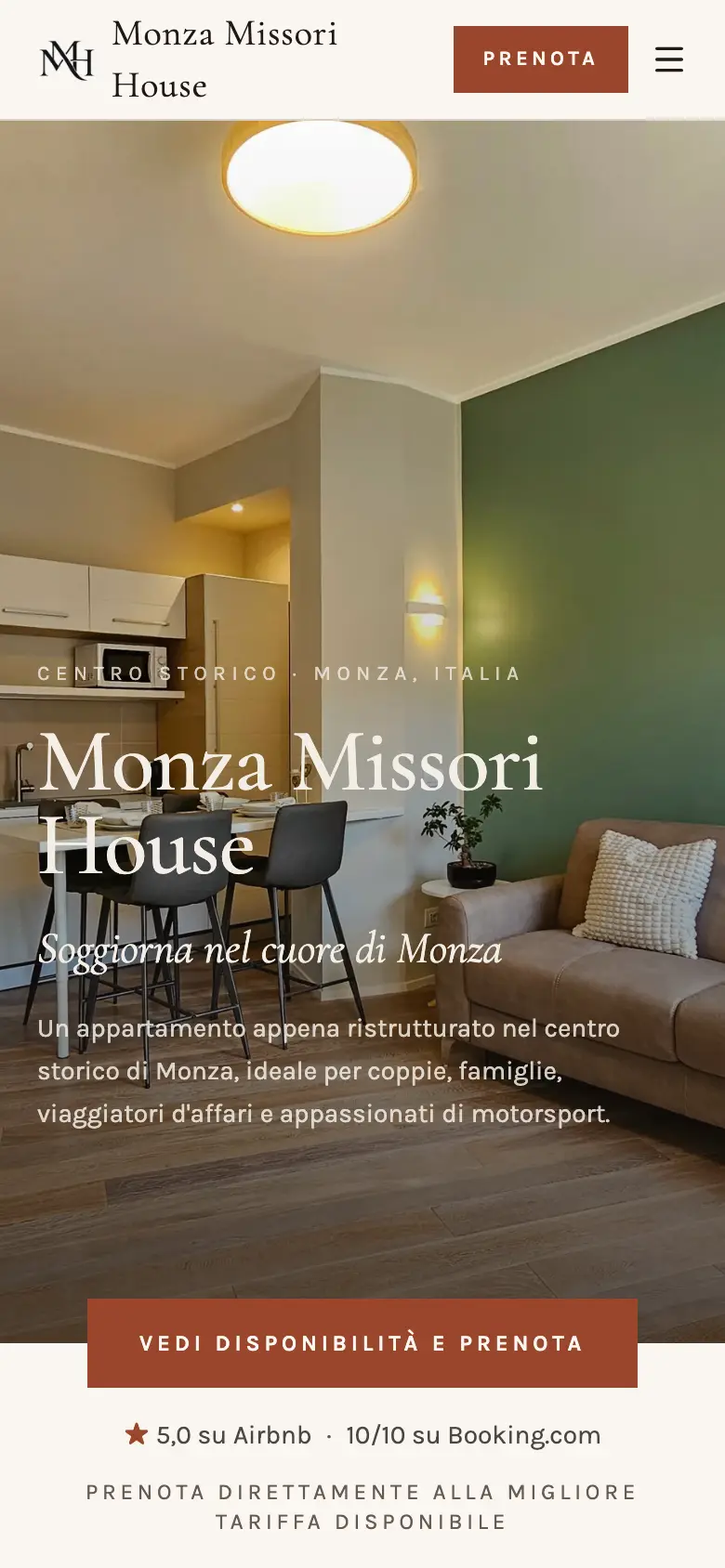 Monza Missori House on a phone, in Italian, with the button Vedi disponibilità e prenota
