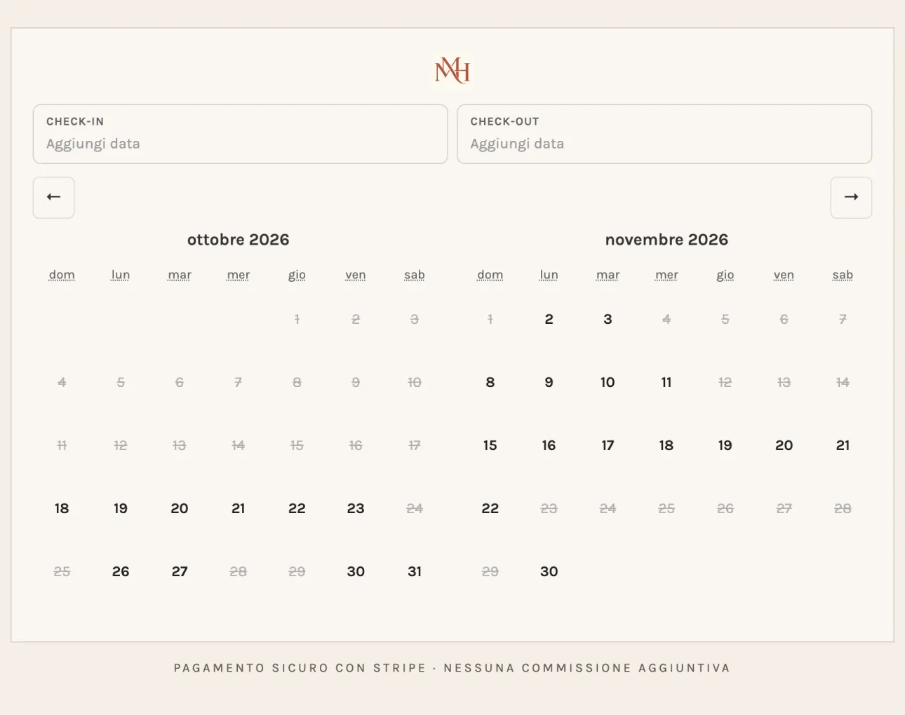 The RentalCal booking widget on the Italian page of Monza Missori House, showing October and November 2026 with booked dates struck through